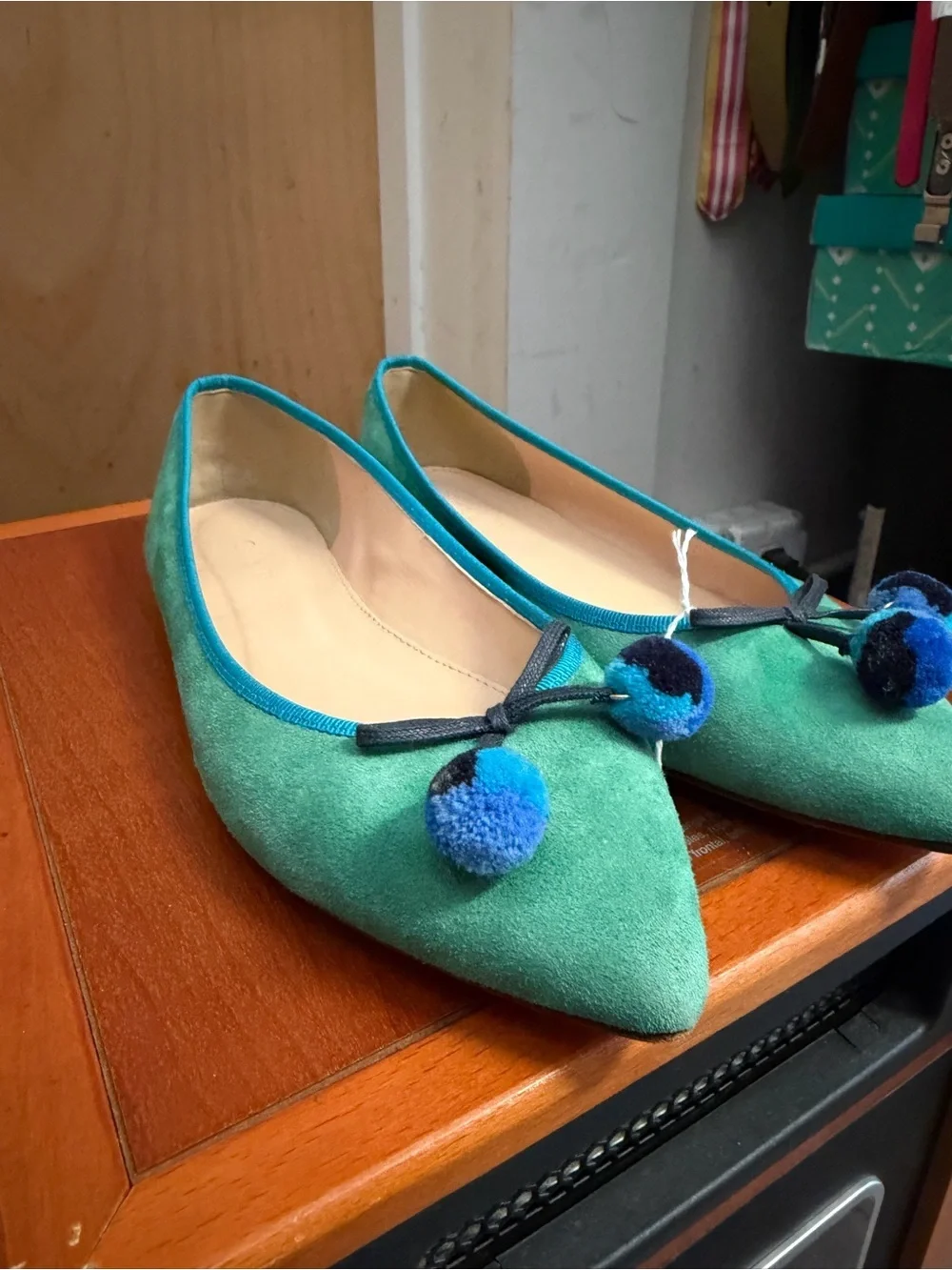 J.Crew Women’s Blue & Green Suede Pointed Toe Pom Pom Ballet Flats. Size: 8.5